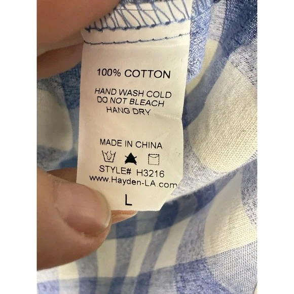 NWT Hayden LA Blue White Plaid Gingham Off Cold Shoulder Button Down Shirt LARGE - Picture 4 of 4